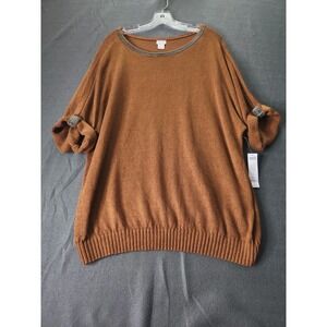 NWT Chicos Brown Linen Blend Caviar Trim Short Banded Sleeve Pullover XL Sweater